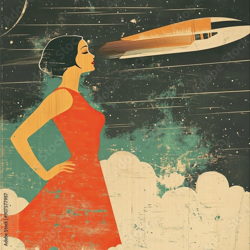 Cosmic Dream: A vintage-inspired illustration of a woman in a red dress, gazing at a spaceship soaring through a starry sky, evoking a sense of wonder and ambition.