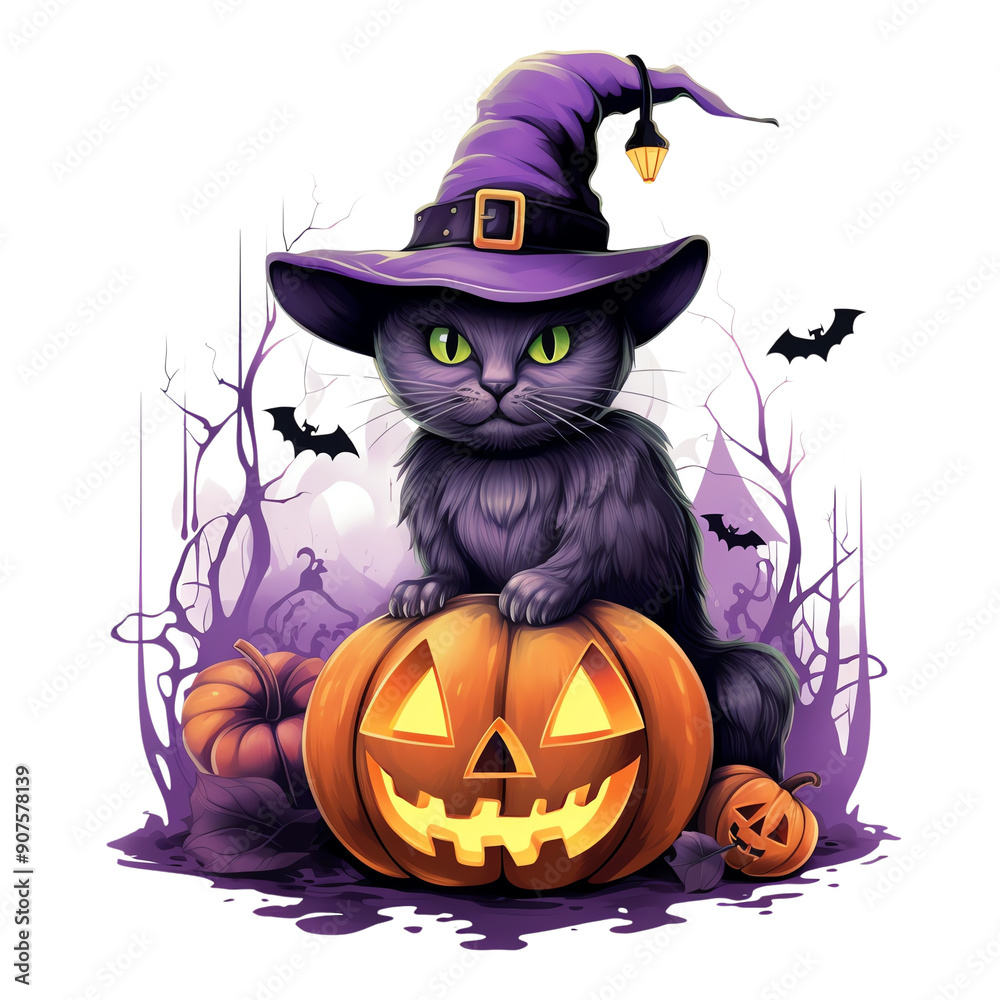 Cute black cat in a witch's hat sitting on a pumpkin with a jack-o'-lantern face, surrounded by Halloween decorations. Cute black cat in a witch's hat sitting on a pumpkin with a jack-o'-lantern face, surrounded by Halloween decorations.