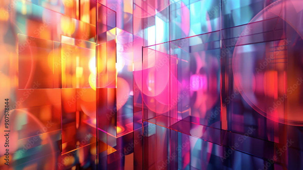 Abstract background,  A shimmering, translucent geometry backdrop features colorful overlapping circles and squares, highlighting central copy space. This dynamic visual is ideal