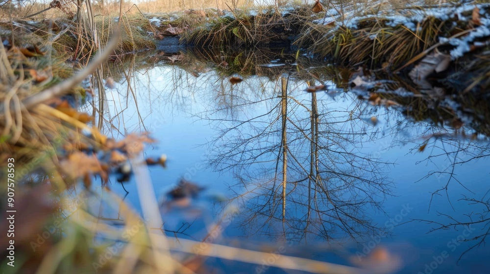 Reflection of nature in an old pond on a sunny winter day Reflection of nature in an old pond on a sunny winter day