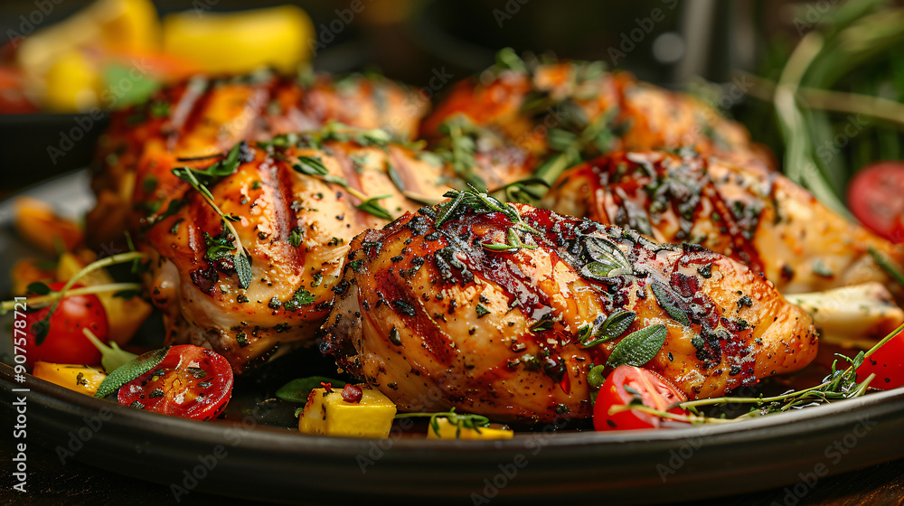 Close-up of turkey drumstick served on plate with salad