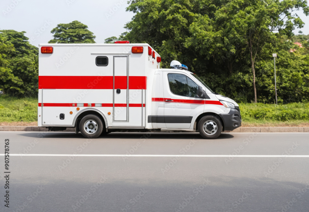 medical ambulance vehicle or truck on the way for an accident parked next to hospital health care emergency services concepts medical ambulance vehicle or truck on the way for an accident parked next to hospital health care emergency services concepts