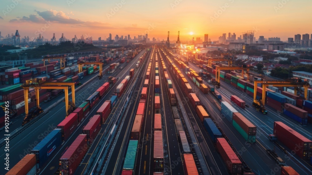 Obraz premium Spectacular Sunrise Over a Bustling Cargo Terminal with Rows of Shipping Containers