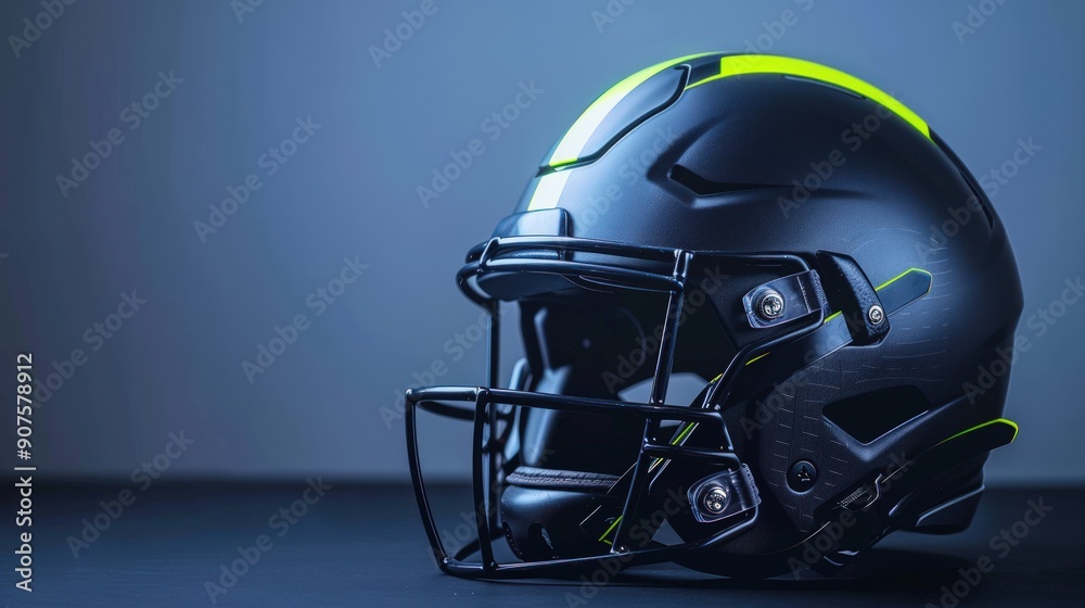 Fototapeta premium A black and yellow football helmet sits on a black surface