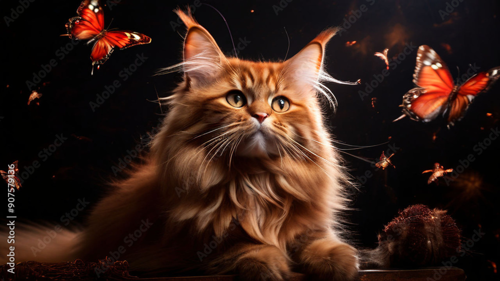 Cute, fluffy, red Maine Coon cat dreams of a goldfish, A series of pictures on the theme of cat Cute, fluffy, red Maine Coon cat dreams of a goldfish, A series of pictures on the theme of cat