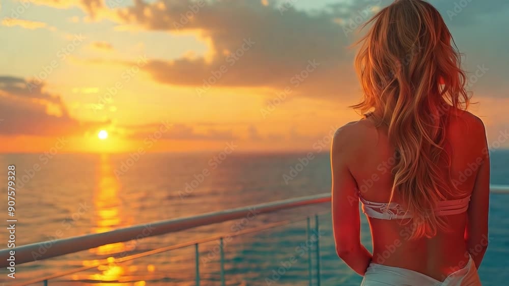 Gorgeous woman in a dress standing and taking in the view of the sea from the spacious balcony at sunset Gorgeous woman in a dress standing and taking in the view of the sea from the spacious balcony at sunset