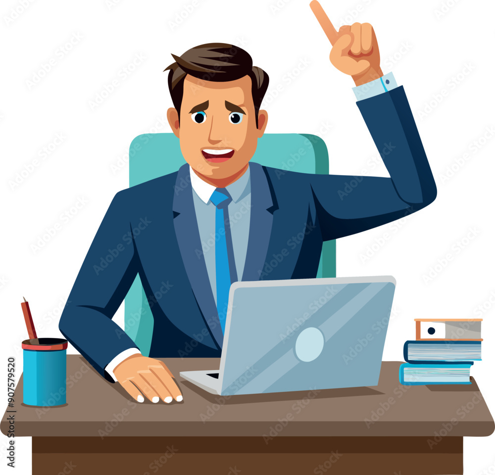 Businessman having an idea pointing at his head working on a laptop in his office Businessman having an idea pointing at his head working on a laptop in his office