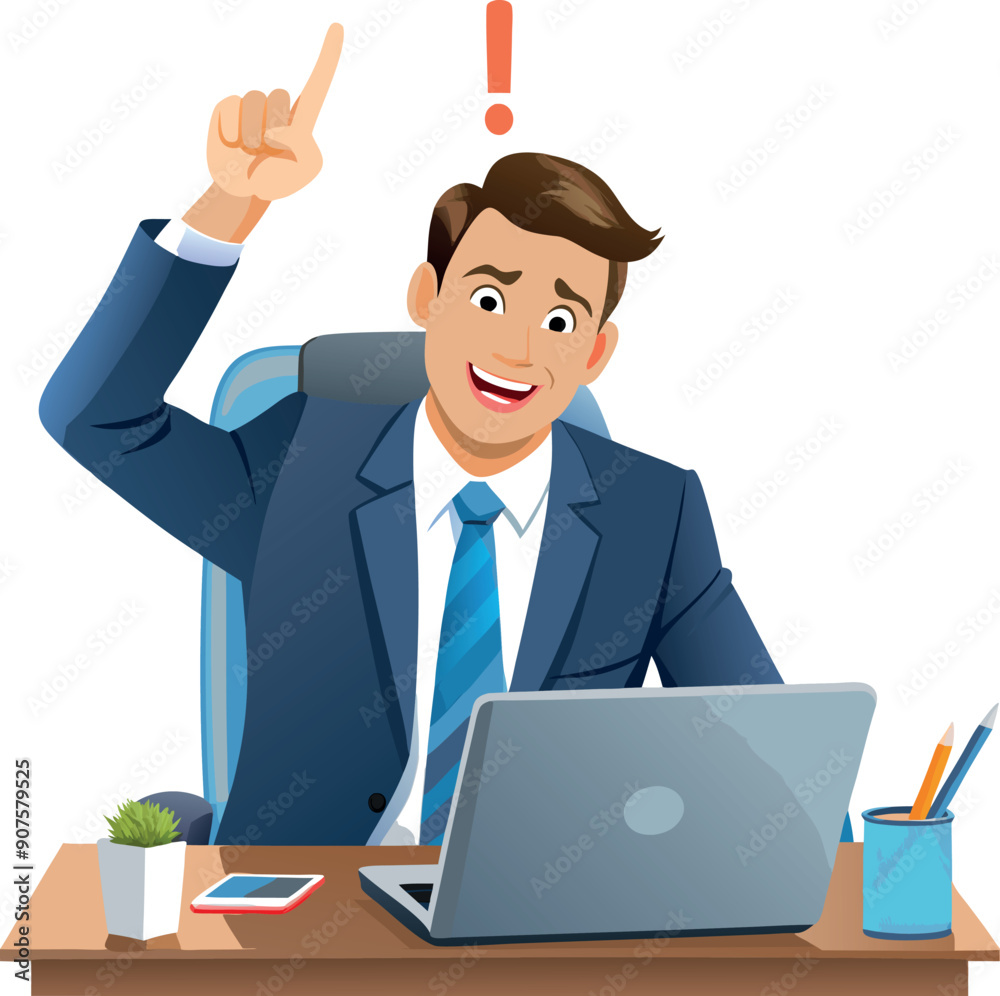 Businessman having an idea pointing at his head working on a laptop in his office Businessman having an idea pointing at his head working on a laptop in his office