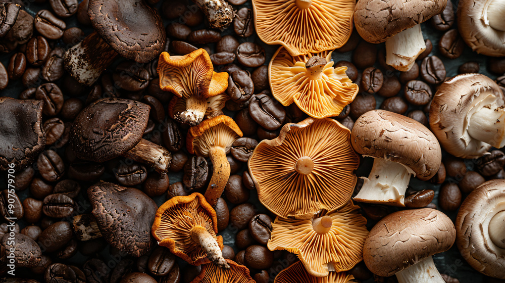 Coffee beans and organic mushrooms mixed together Coffee beans and organic mushrooms mixed together
