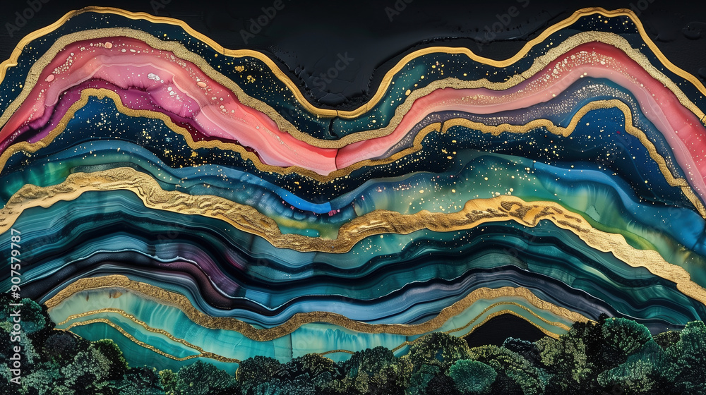 Marble ink texture background with colorful waves and gold accents Marble ink texture background with colorful waves and gold accents