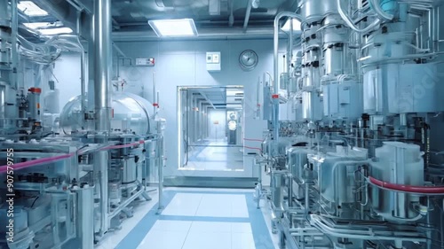 Medical drug production line at modern pharmaceutical factory Drug manufacturing process