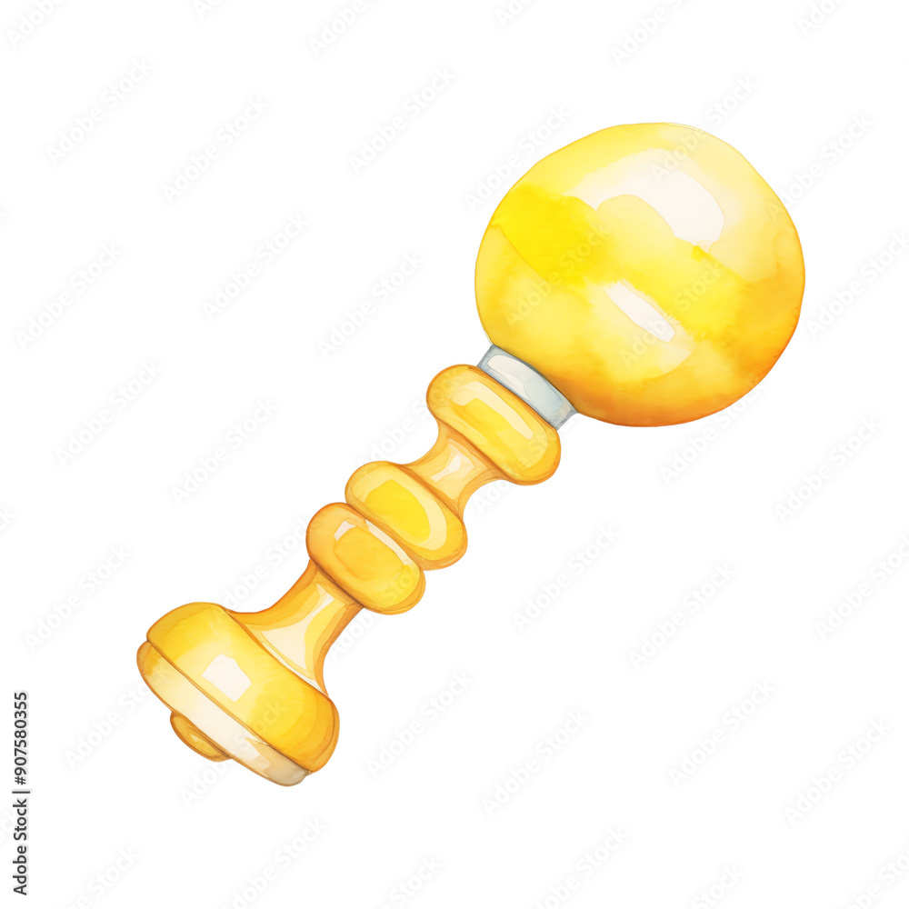 High-quality image of a yellow baby rattle with a unique design featuring knobs and a spherical top, ideal for baby-related content and designs. High-quality image of a yellow baby rattle with a unique design featuring knobs and a spherical top, ideal for baby-related content and designs.