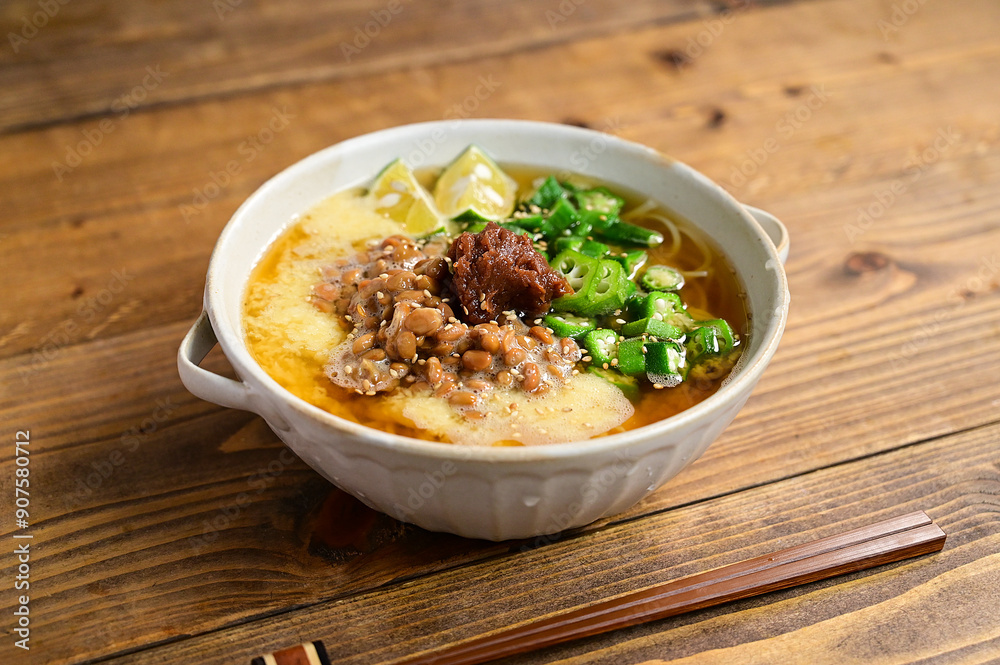 梅干しと納豆とろろオクラ素麺 梅干しと納豆とろろオクラ素麺