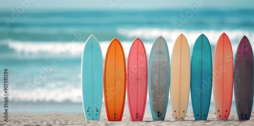 Colorful Surfboards Lined Up on a Beach Near the Ocean on a Sunny Day