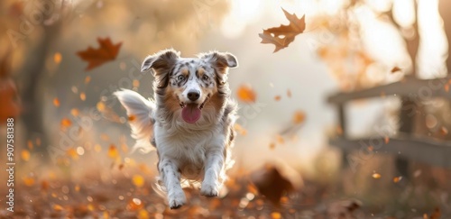 Playful Dog Runs Through Autumn Leaves in a Sunlit Forest Path