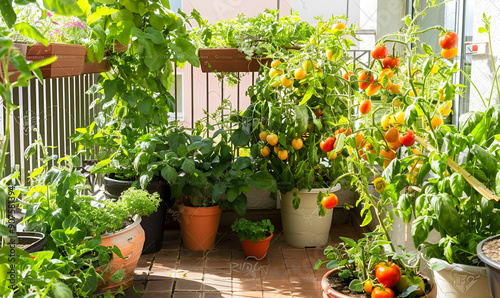 Tomato Plants Growing on Sunny Balcony. Lush Balcony Garden: Tomatoes, Peppers, Herbs in Pots. Vibrant Balcony Garden with Ripe Tomato Plants
