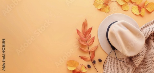 Cozy Autumn Accessories and Decorations on Yellow Background