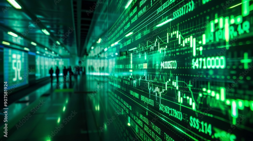Futuristic green-lit display of S&P 500 stock market index on a large screen Futuristic green-lit display of S&P 500 stock market index on a large screen