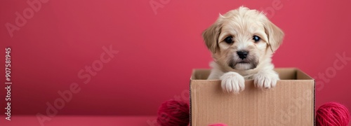 Adorable Puppy Peeking From Cardboard Box Against Bright Red Background