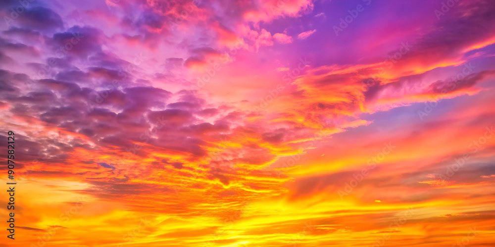 Obraz premium Orange, pink, purple and yellow fiery sunset - Fantasy vibrant panoramic sunset sky - Gradient rich colors - ethereal dreamy summer sunset or sunrise sky. Uplifting and peaceful sky
