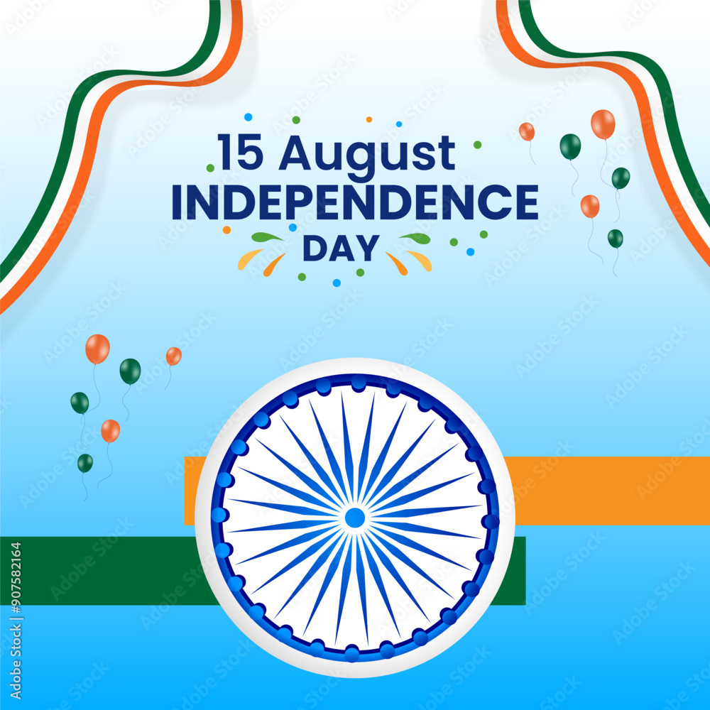 Indian flag ribbons in saffron white and green in the top left. 15 August INDEPENDENCE DAY text in the center with fireworks confetti and Ashok Chakra Blue gradient background Festive and patriotic Indian flag ribbons in saffron white and green in the top left. 15 August INDEPENDENCE DAY text in the center with fireworks confetti and Ashok Chakra Blue gradient background Festive and patriotic