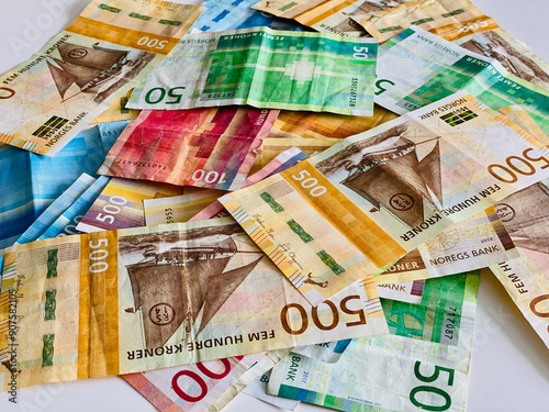 Photography Norwegian money (kroner) showing  50,100,200 and 500 banknotes