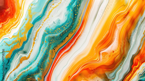 Vibrant marble ink texture with swirls of blue, gold, orange, and white