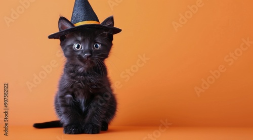 Black Cat Wearing Witch Hat Against Orange Background