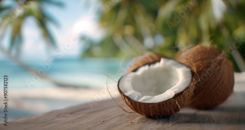 Fresh Coconut Halves on Table by a Tropical Beach Near Palm Trees at Sunset