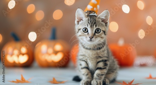 Cute Kitten in Halloween Party Setting With Pumpkins and Decorations in Autumn