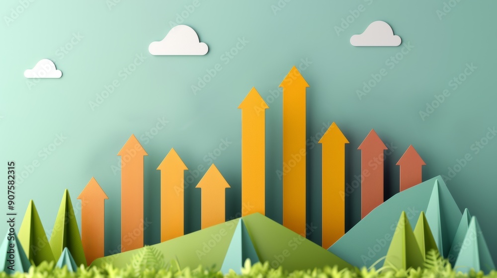 Colorful 3D paper-cut landscape with rising arrow graphs representing business growth, success, and financial progress. Colorful 3D paper-cut landscape with rising arrow graphs representing business growth, success, and financial progress.
