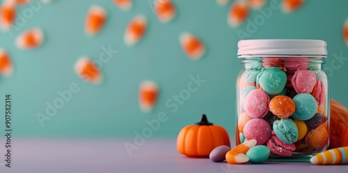 Colorful Halloween Candy in Jar With Mini Pumpkins and Festive Background