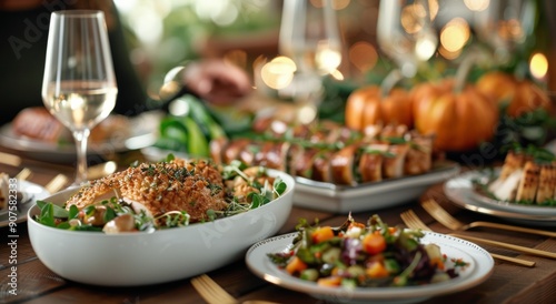 Thanksgiving Dinner Table With Roasted Turkey and Seasonal Sides in Cozy Setting