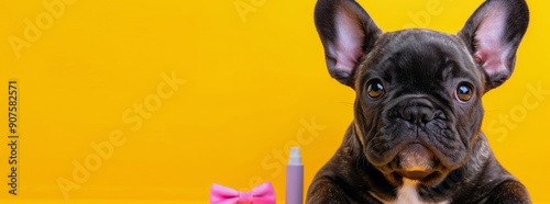 French Bulldog Puppy With Pink Bow Tie Against Colorful Background
