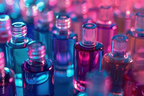 Perfume bottle on the colorful rainbow holographic background. Close-up.