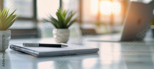 Workspace With Pen and Notebook at Sunset in Modern Office