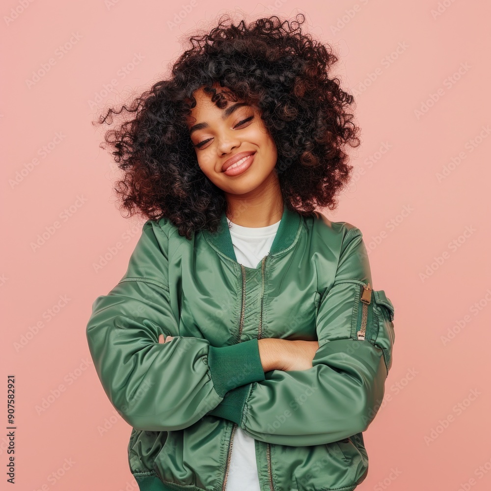 Medium shot of Portrait of happy mixed race woman with curly hair wearing bomber jacket and white t-shirt standing smiling arms crossed, Medium shot of Portrait of happy mixed race woman with curly hair wearing bomber jacket and white t-shirt standing smiling arms crossed,