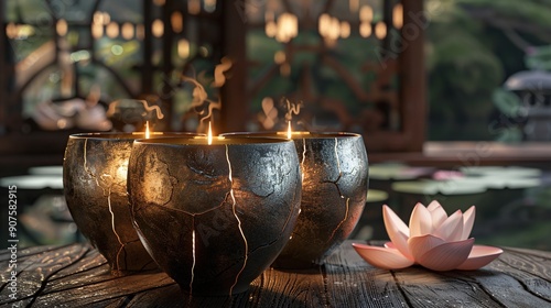 Candles and lotus flowers on a wooden table. 3d
