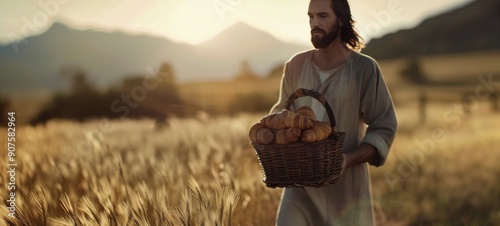 Smiling Farmer Holding Harvested Wheat Bunch in Golden Field at Sunset