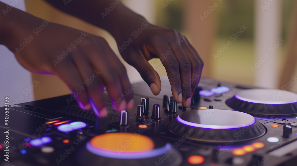 A person is playing a DJ set with a purple and orange wheel A person is playing a DJ set with a purple and orange wheel