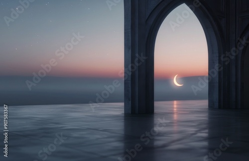 Majestic Mosque Archways Under Crescent Moonlight at Dusk