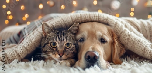Cozy Dog and Cat Snuggling Under a Blanket in a Warm Living Room