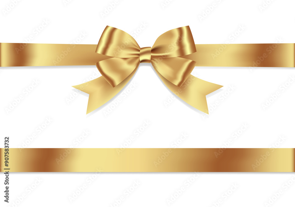 Fototapeta premium Gold Ribbon Bow Realistic shiny satin with shadow horizontal ribbon for decorate your wedding invitation card ,greeting card or gift boxes vector EPS10 isolated on white background.