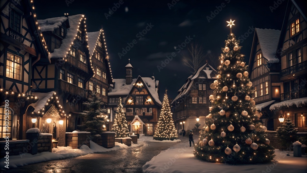 Fototapeta premium Christmas town glowing at night, showcasing festive lights and holiday spirit.
