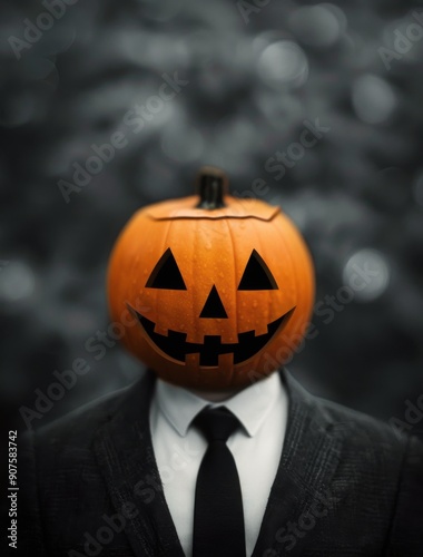 Pumpkin Head Figurine in Dark Suit Against Grunge Background