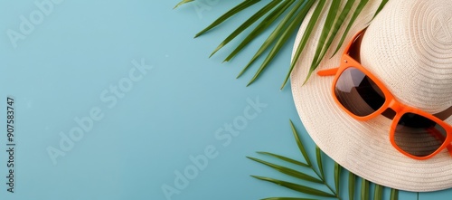 Summer Hat and Sunglasses Surrounded by Tropical Leaves on Blue Background