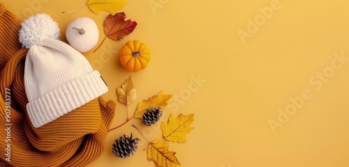 Cozy Autumn Accessories and Decorations on Yellow Background