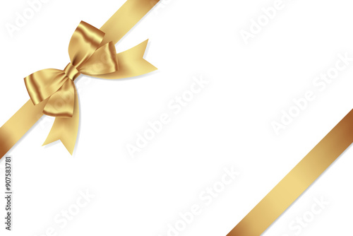 Gold Ribbon Bow Realistic shiny satin with shadow place on corner of paper for decorate your wedding invitation card ,greeting card or gift boxes vector EPS10 isolated on white background.