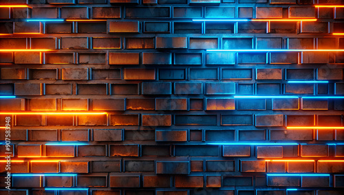 Brick wall with neon ice blue and orange light bulbs, vibrant and modern atmosphere.
