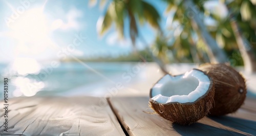 Fresh Coconut Halves on Table by a Tropical Beach Near Palm Trees at Sunset